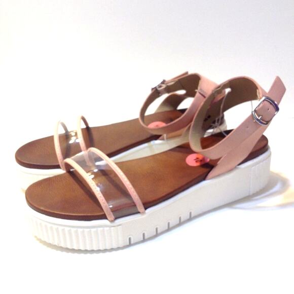 JellyPop Clear Strappy Flatform Pink Faux Leather Sandal - Picture 1 of 13